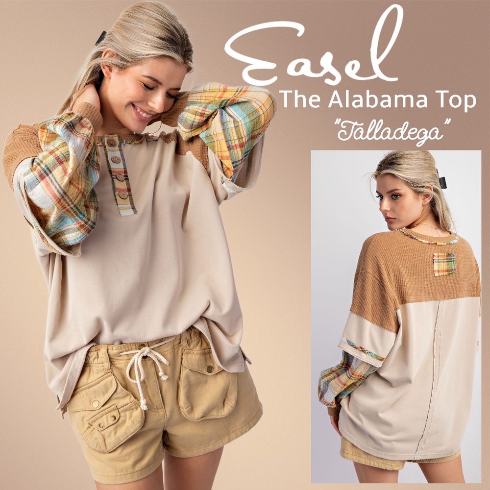 EASEL "Alabama Top - Talladega" Loose Fit Henley Layered Look Mineral Washed Top